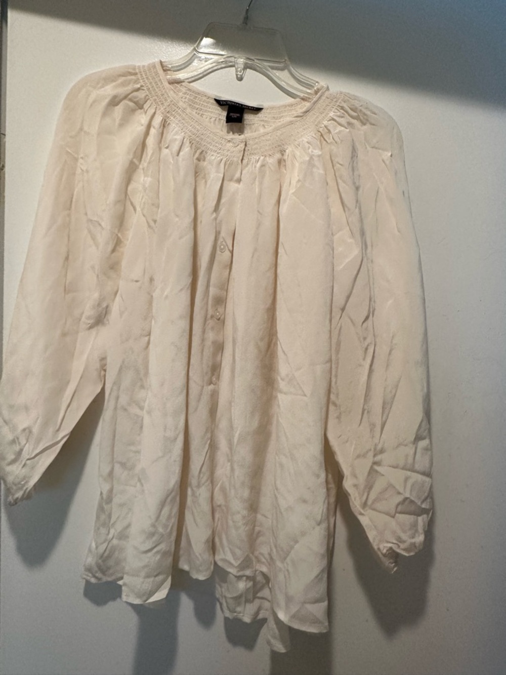 Victoria's Secret Cream Smocked Neck Peasant Silk Blouse Size Large  Sheer